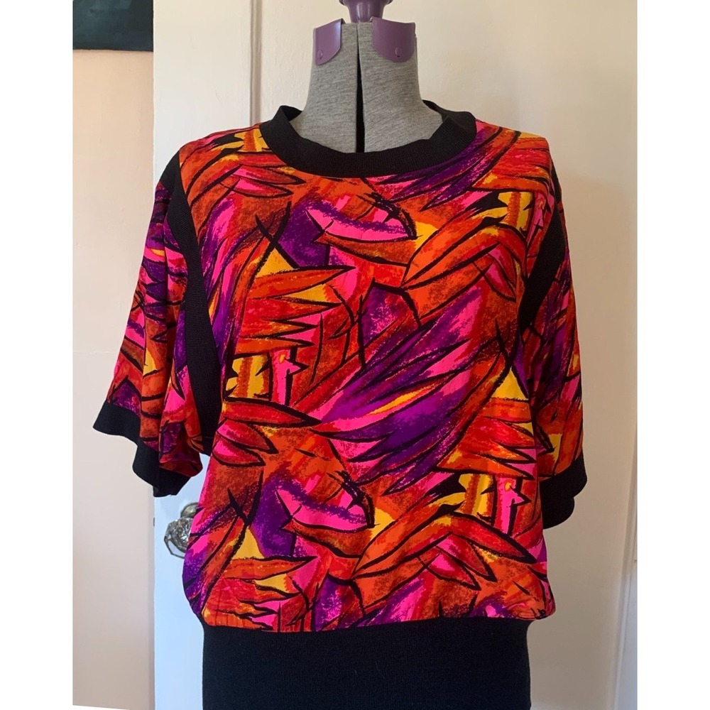 Vintage Lillie Rubin Abstract Silk Blend Blouse Pink Orange Size 10 80s Dolman